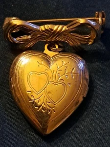 Vtg Silver Tone Bow & Heart Locket Brooch/Pin 1-1/4" - Picture 1 of 4