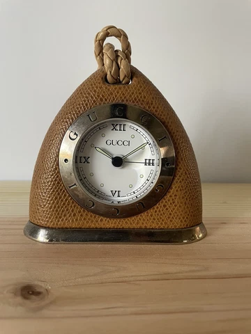 Vintage GUCCI Tan Swiss made desk top alarm clock.  Needs battery Cover