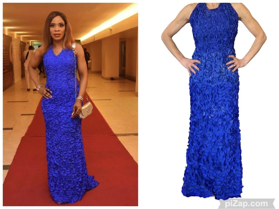 THEIA Vestido Largo Cuello Halter Vestido de Noche Azul Cobalto Pétalo Flor Cuentas 4 Foto 1 de 4