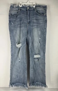 Women’s Risen Cropped Distressed Raw Hem Stretch Blue Jeans, Size 1XL - Picture 1 of 24