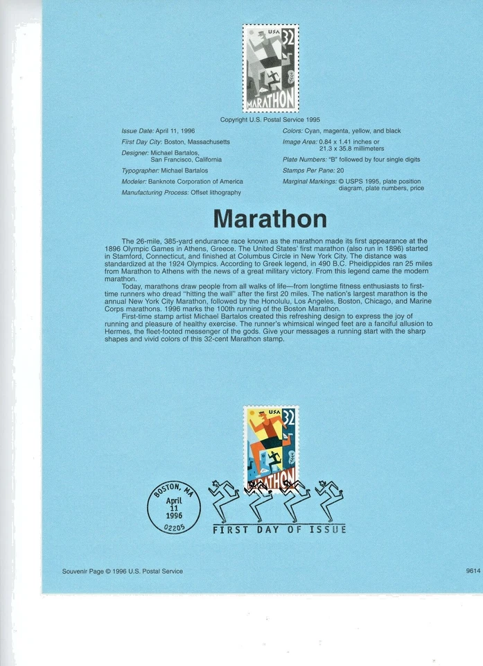 1996 USPS Souvenir Page 32¢ MARATHON #9614 w/Watermark Archival - Image 1 of 1
