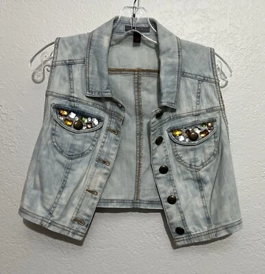 Colete Med Micro Ácido Lavado Denim Cool Girl Y2K Grunge Bling Distressed  - Imagem 1 de 4