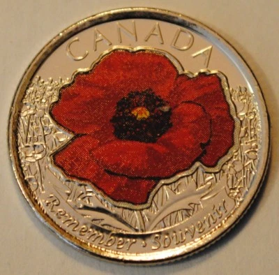 Canada 2015 25 cents Coloured Poppy UNC from roll - BU Canadian Quarter  - Image 1 of 3