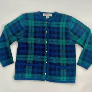 Vintage Kobe Blackwatch blau und grün kariert Strick Old Money Cardigan Pullover L - Bild 1 von 8