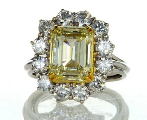 7CT Diamond Ring Natural Emerald Cut Yellow Color VS2 GIA Certified Platinum - Picture 1 of 9
