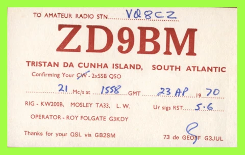 Tristan Da Cunha 1958 Radio QSL via GB2SM card Cover