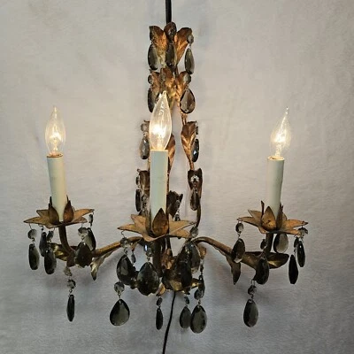 Italian French Florentine 3-Arm Wall Sconce Chandelier Fixture Crystal Gold Gilt - Image 1 of 4