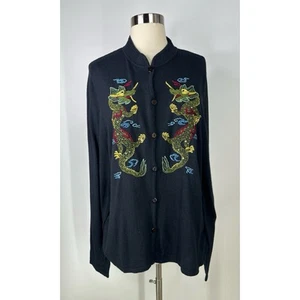 Citron Soybean Cashmere Embroidered Chinese Dragon Button Up Women’s Cardigan - Picture 1 of 8