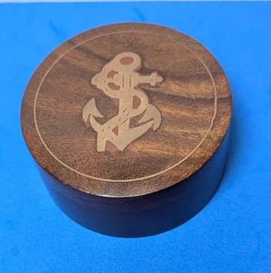 Brass Fouled Anchor Inlay Seafaring Nautical Round Wooden Trinket/Keepsake Box - Picture 1 of 7