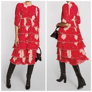 Vestido midi GANNI rojo plisado en capas crema arrugada floral plisado lechuga 36/4 - Imagen 1 de 15