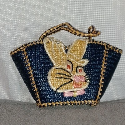 Cartera Bolso Pequeño Vintage Mimbre Ratán Paja Conejito de Pascua 8" De Colección Años 60 Azul Marino Naranja  Foto 1 de 4