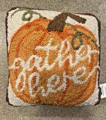 Mud Pie Square 8" x 8" Hooked Wool Fall Pumpkin "Gather Here" Decorative Pillow - Image 1 of 4