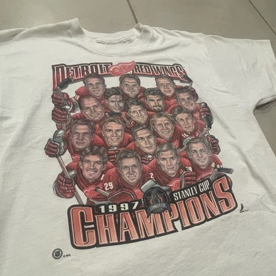Vintage Detroit Red Wings Stanley Cup Champions Hockey Shirt Caricature Size L - Image 1 of 4