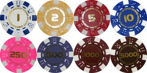 50 x NUMMERIERTE WÜRFEL POKERCHIPS 1 gelb 2 rot 5 rosa 250 lila 500 1000 5000 - Bild 1 von 9