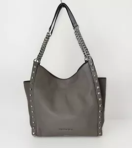 Michael Kors Newbury Silver Studded Gray Pebble Leather Chain Shoulder Bag Tote - Picture 1 of 16