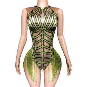 Women Sparkly Rhinestones Tassels Bodysuit Singer Dancer Performance Costume