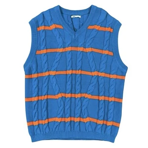 NEW ZARA Men's Large Cable Knit Sweater Vest V-Neck Bright Blue Orange Striped - Picture 1 of 5