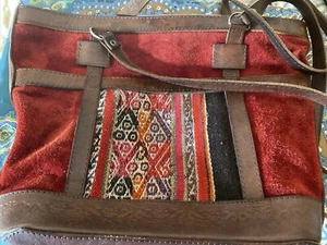 Bolivian Genuine 100% Leather Purse W/ Red Suede Made in Bolivia Boho - Picture 1 of 4