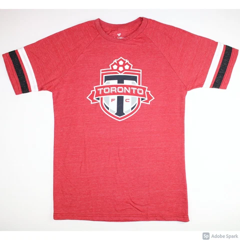 NEW Toronto FC Logo Raglan with Stripes on Sleeves Fanatics Men's T-Shirt RED Cover