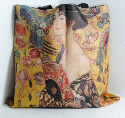 Gustav Klimt 印花亚麻油画托特包 15 英寸帆布可折叠购物袋 — 第 1/4 张图片