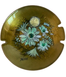 MCM Sascha Brastoff Ashtray Ceramic Signed Mid Century Round Floral Teal Enamel - Picture 1 of 4