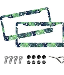 Metal License Plate Frame - US Vehicles - Tropical Leaves (2 Pcs). - Picture 1 of 4