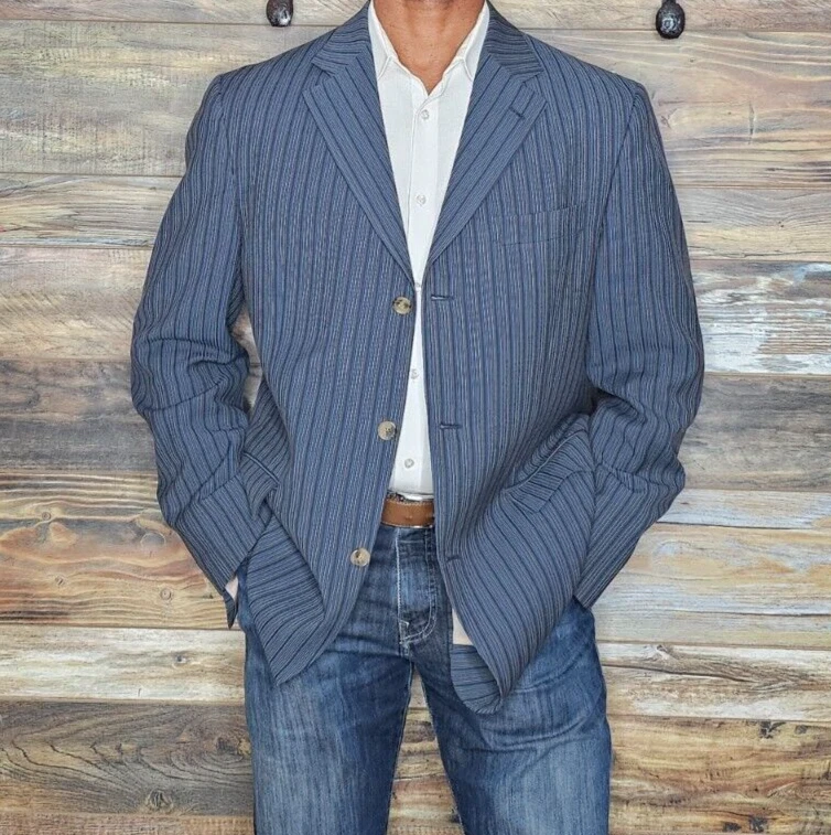 Jack Victor Mark Shale Canada 100% Wool Blue Ribbed Blazer Sport Jacket Size 43L - Image 1 of 4