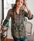 Soft Surroundings Shira Embroidered Green Print  Tunic Top Large