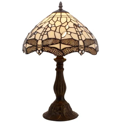 Tiffany Lamp Cream Stained Glass Dragonfly Bedside Table Lamp Desk Reading Li... - Image 1 of 4