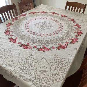 Vintage Lace Tablecloth 76”x74” Oval White Pink Floral Shabby Chic Cottage Core - Picture 1 of 6