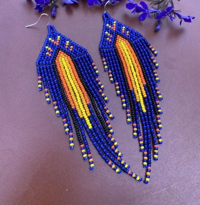 Pendientes Tribales Nativos Grandes Boho Americanos Semilla Cuentas Hecho a Mano Pendiente Foto 1 de 4