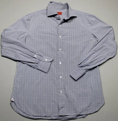 Camisa Isaia Para Hombre Grande Azul Verde Micro Cuadros Vestido Botón Frontal Cuello Extendido Foto 1 de 4