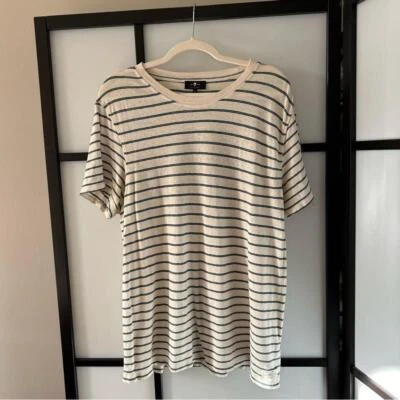 [L] Camiseta manga corta 7 for all Mankind crema y verde azulado a rayas mezcla de algodón y lino Foto 1 de 4