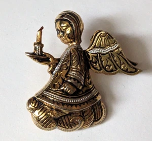 Vintage Weihnachts Anstecknadel Brosche Engel mit Kerze 3D Flügel goldfarben Damaszener, Toledo, Spanien - Bild 1 von 10