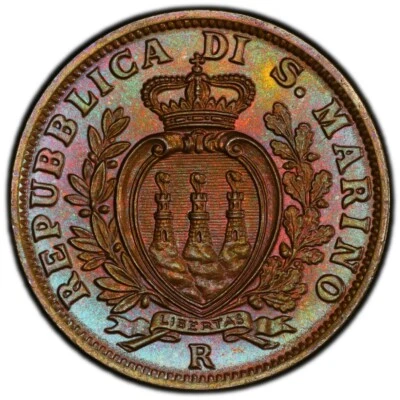 MS66BN 1936-R San Marino 5 Centesimi, PCGS Trueview- Rainbow Toned SOLO Top Pop - Image 1 of 4