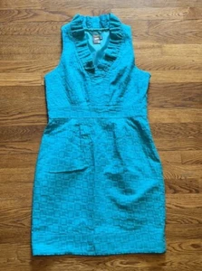 Taylor Ruffled Collar Teal Square Pattern Lined Dress - Picture 1 of 12