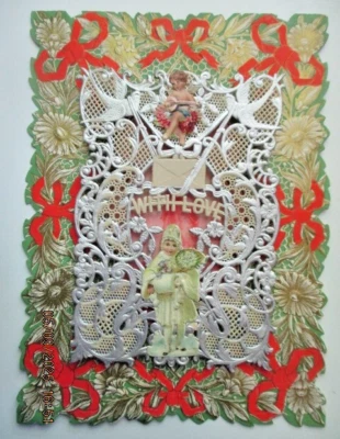 RARE CHRISTMAS or Valentine Antique Victorian Card Paper Lace GERMAN SNOW BABY - Image 1 of 4
