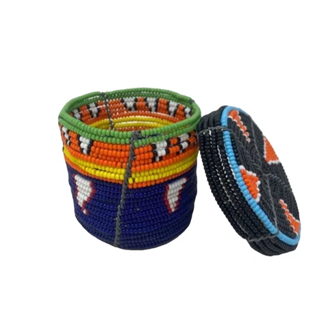 Handmade Vintage Kenyan Beaded Basket with Lid, Blue Yellow Orange Green Box Cover