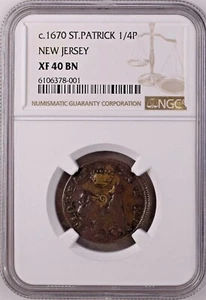 1670 Saint Patrick 1/4P New Jersey Farthing NGC XF40BN Registry Coin US Colonial - Picture 1 of 8