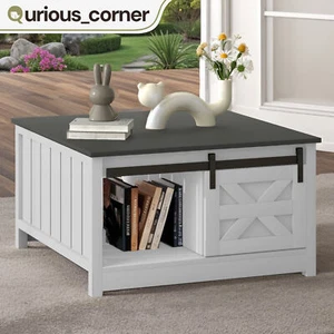 31" Farmhouse Square Wooden Coffee Table Barn Door Open Storage Home Living Room - Picture 1 of 9