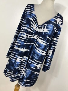 Laura Ashley XL Shirt Top Blue White Stripe V Neck 3/4 Sleeve Travel Stretch L3 - Picture 1 of 6