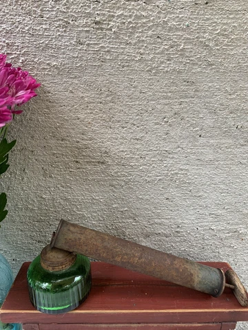 Vintage Bug Sprayer Black Tin and Green Glass Cover