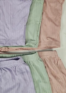 3 Paar Pyjama Set - klein lila grün koralle - Shorts Unterteil, Tanktop - Spitze - Bild 1 von 6