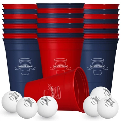 Bier Pong Partybecher Set Mehrweg 24 Becher + 6 Bälle Rot Blau Beer Pong - Bild 1 von 4