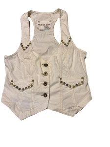 NEW Guess Jeans White Denim Button Vest Y2K Stretchy Sleeveless Crop Sz M OG $79 - Picture 1 of 6