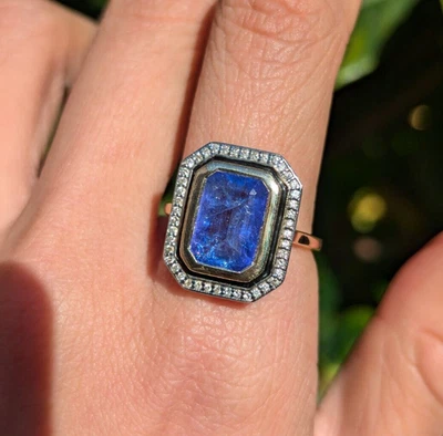 14k Gold Art Deco Style Emerald Cut Natural Blue Tanzanite Diamond Halo Ring - Image 1 of 4