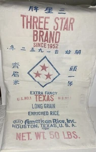 THREE STAR BRAND Rice 50 lb Bag EMPTY Texas 1960's 30 X 16 USA AMERICAN RICE - Picture 1 of 3