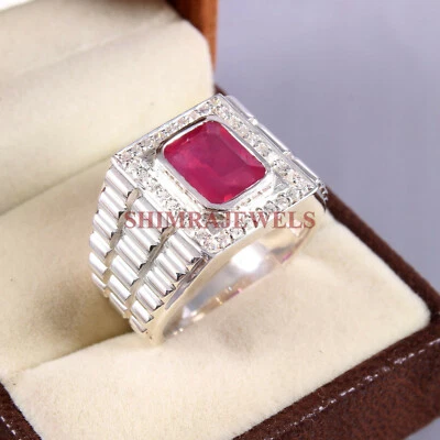 Erhitzter Rubin Edelstein Mit 925 Sterlingsilber Ring Für Herren #177 - Bild 1 von 3