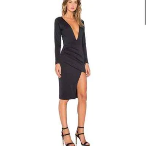MAURIE & EVE Ella Dress Womens 2 Black Long Sleeve Plunging Draped High Slit - Picture 1 of 18