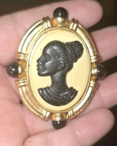 Black Woman Cameo Mourning pin Brooch Gold Tone Onyx Vintage African - Picture 1 of 2